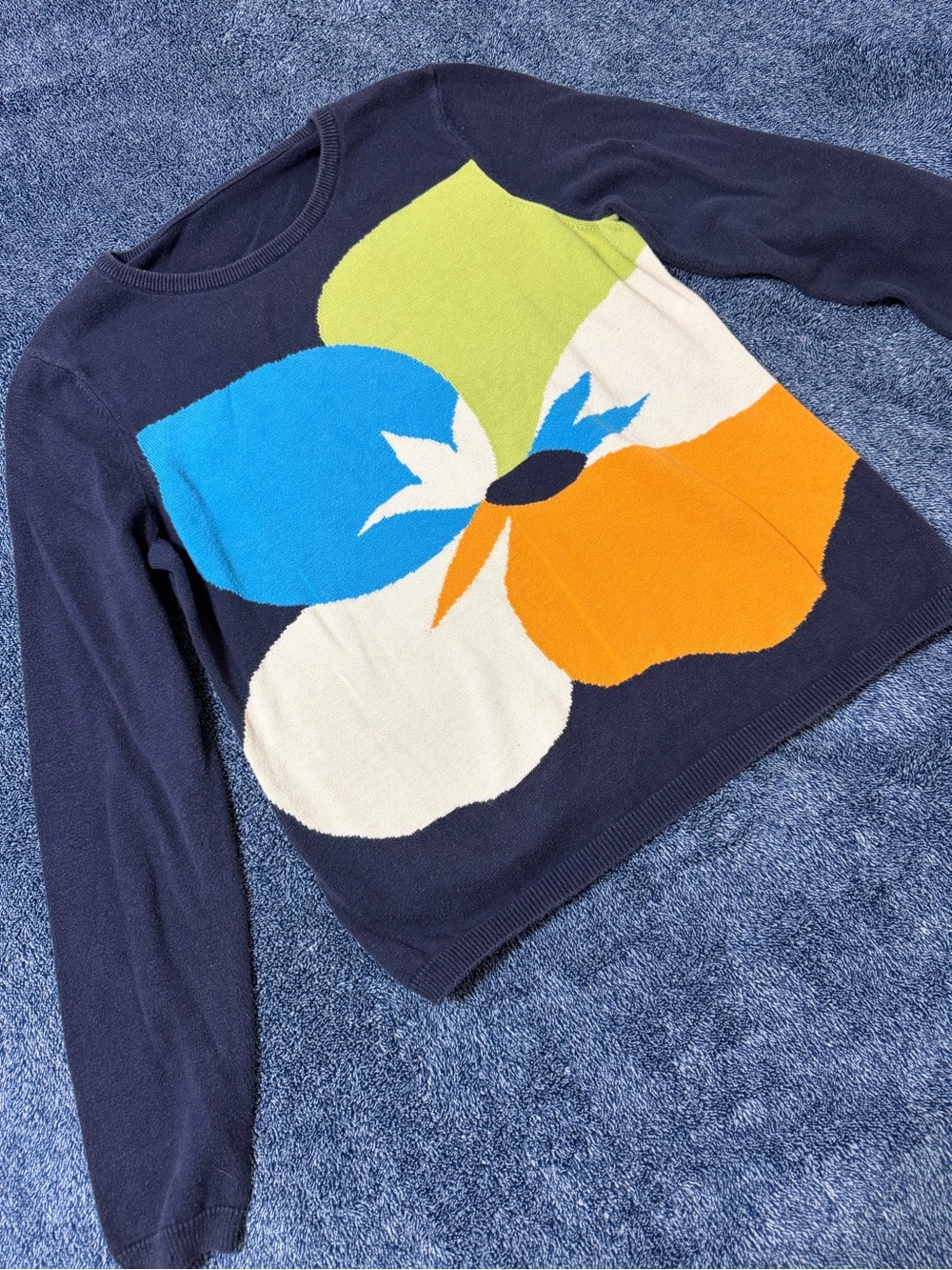Navy Sweater with Large Multicolor Flower Graphic